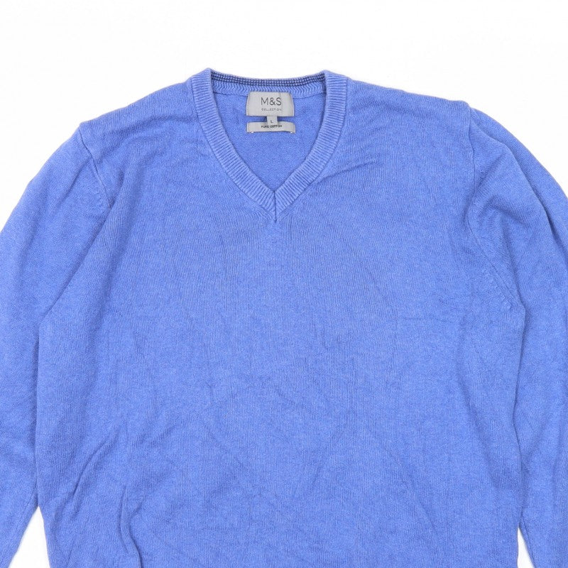 Marks and Spencer Men Blue L Pure Cotton V-Neck Pullover Jumper
