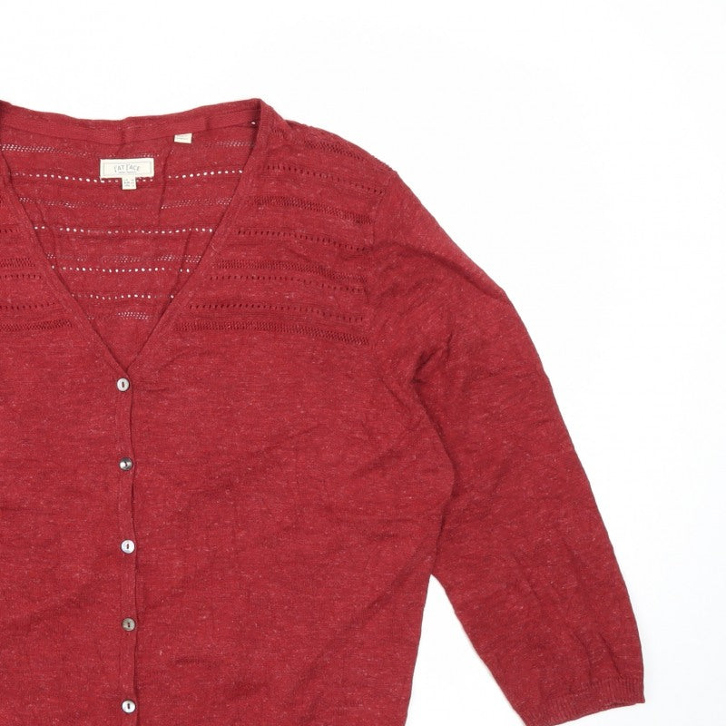 Fat Face Women’s Red Linen Blend V-Neck 3/4 Sleeve Cardigan UK 16
