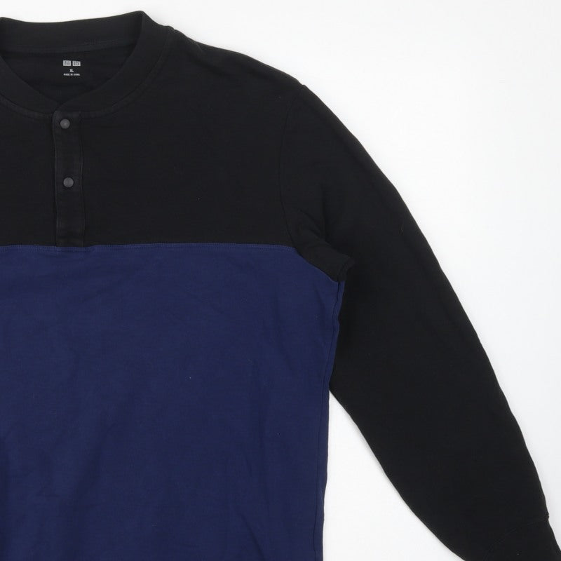 UNIQLO Men’s Black Blue XL Henley Colour Block Sweatshirt