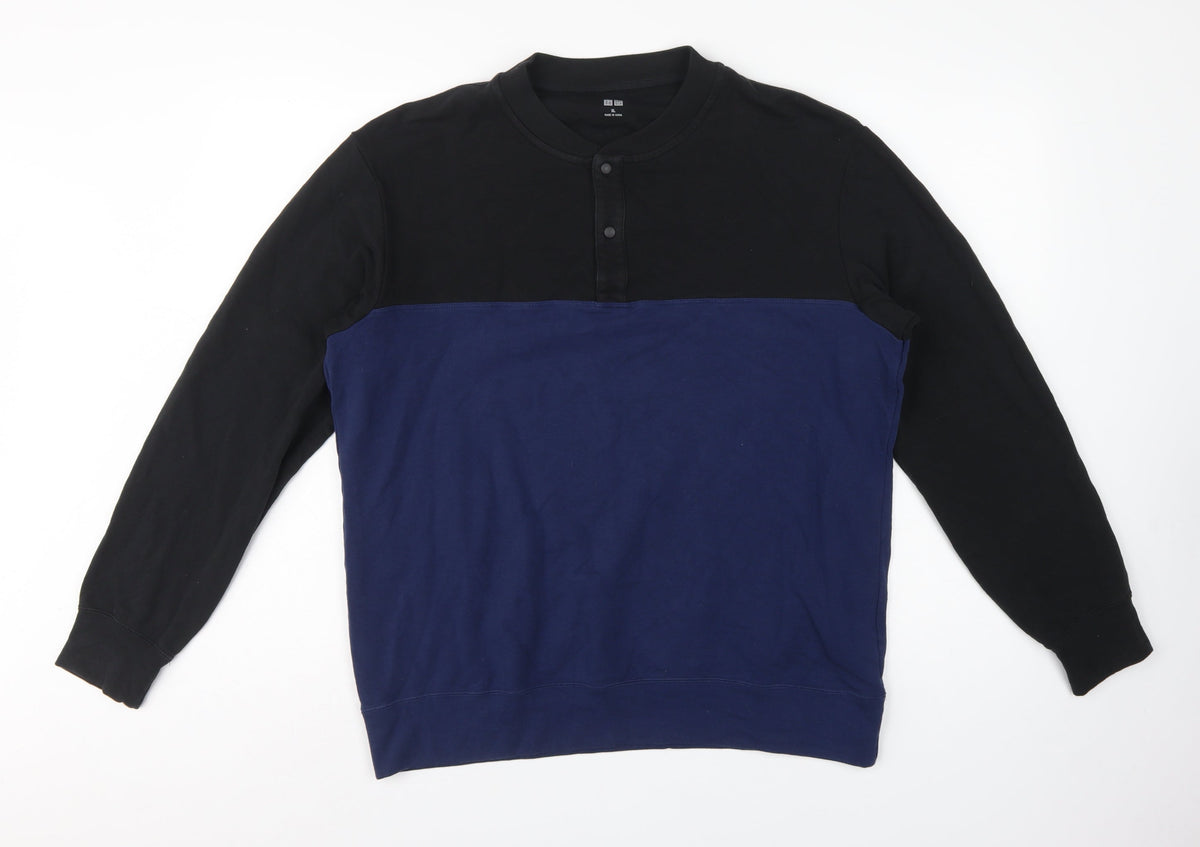 UNIQLO Men’s Black Blue XL Henley Colour Block Sweatshirt
