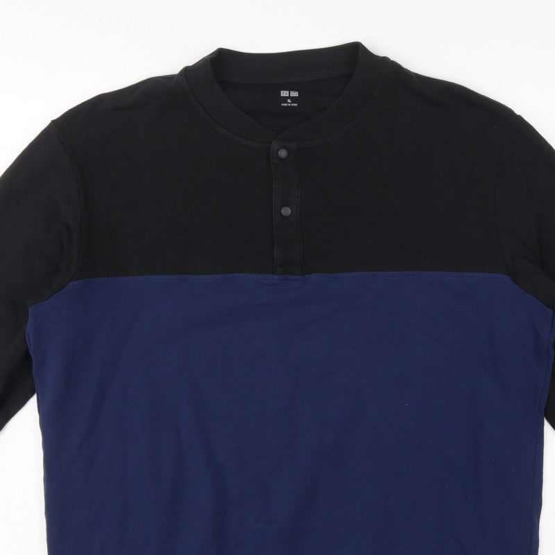 UNIQLO Men’s Black Blue XL Henley Colour Block Sweatshirt