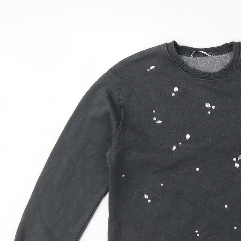 Zara Women Black S Jewel Embellished Crew Neck Pullover Sweatshirt