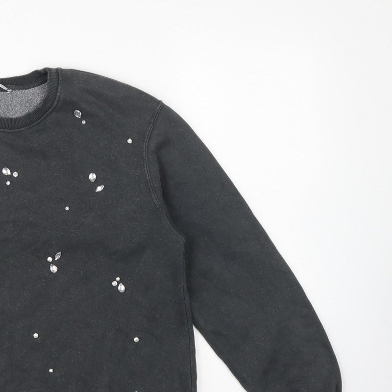 Zara Women Black S Jewel Embellished Crew Neck Pullover Sweatshirt