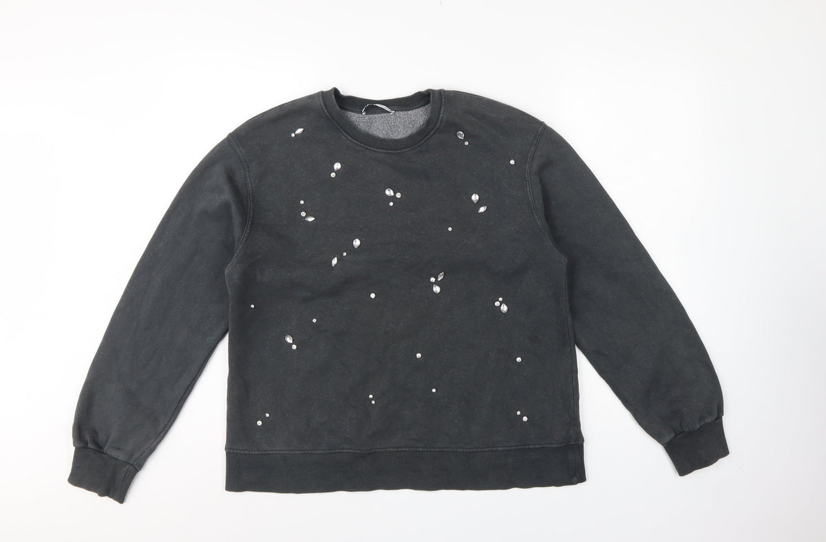 Zara Women Black S Jewel Embellished Crew Neck Pullover Sweatshirt