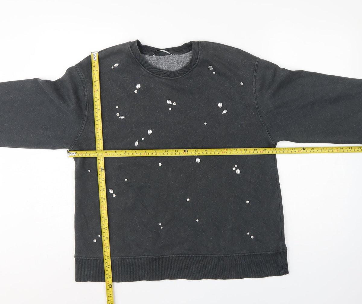 Zara Women Black S Jewel Embellished Crew Neck Pullover Sweatshirt