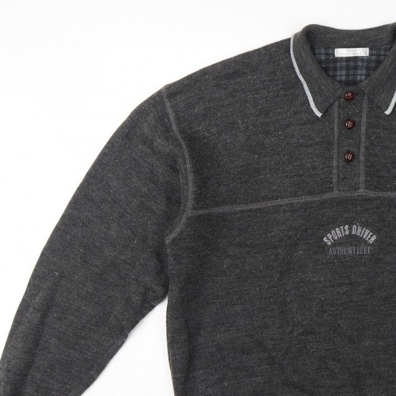 Marks and Spencer Men Grey M Collared Henley Wool Blend Vintage Jumper