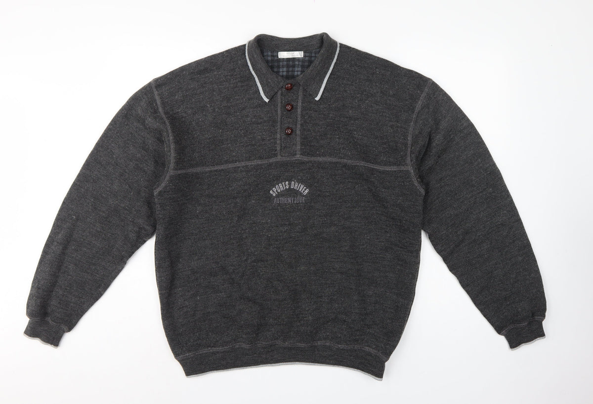 Marks and Spencer Men Grey M Collared Henley Wool Blend Vintage Jumper