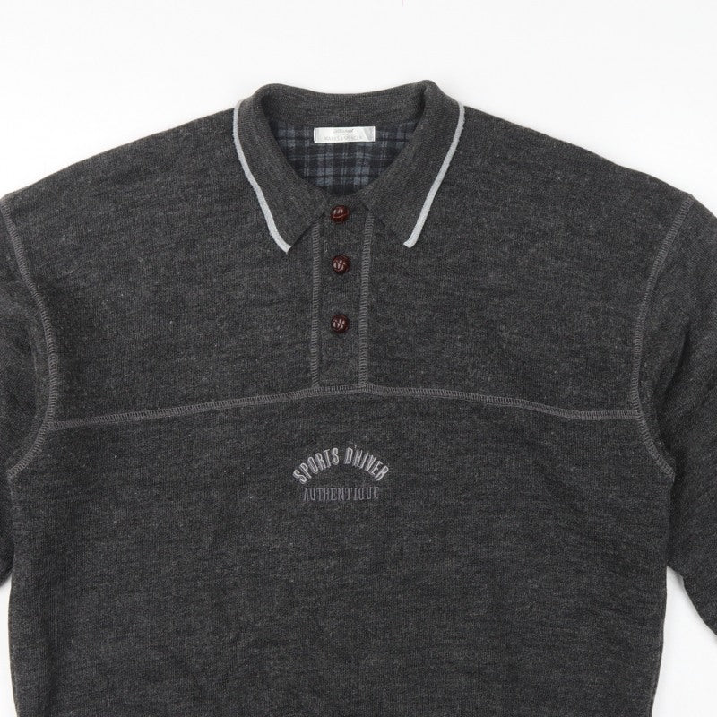 Marks and Spencer Men Grey M Collared Henley Wool Blend Vintage Jumper