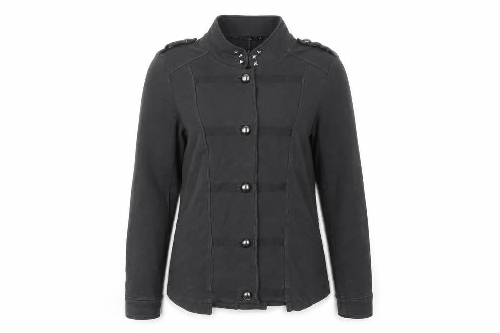 Fransa Women Black M Studded Button High Neck Cardigan Sweatshirt