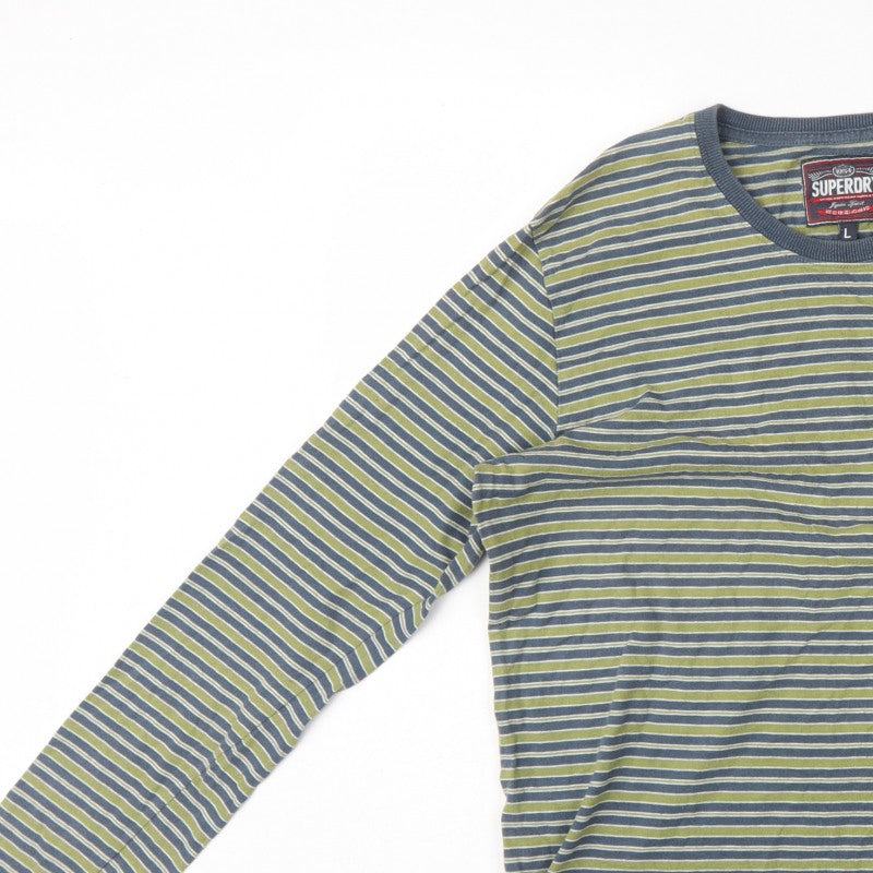 Superdry Men’s Green Striped Long Sleeve Crew Neck T-Shirt L