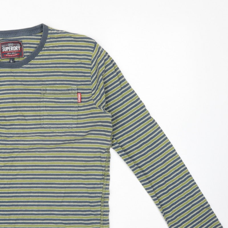 Superdry Men’s Green Striped Long Sleeve Crew Neck T-Shirt L