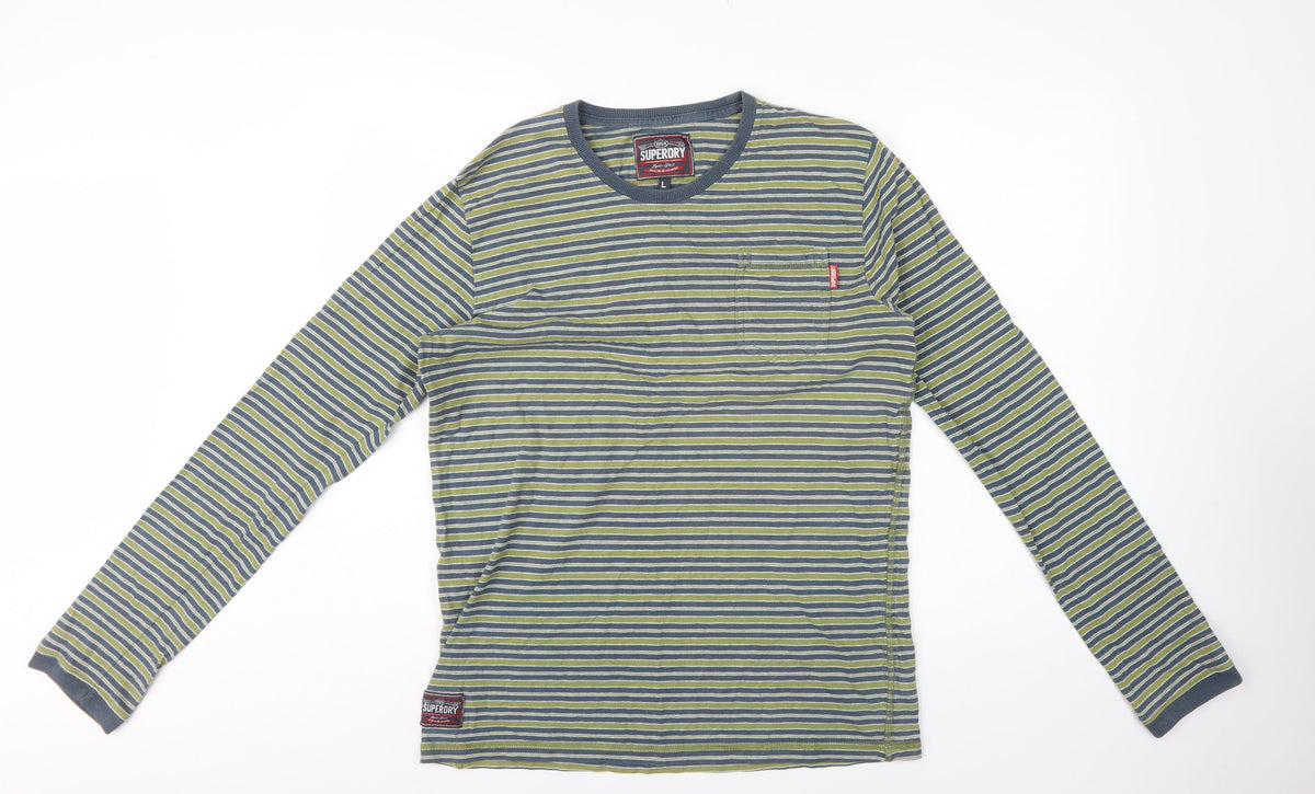 Superdry Men’s Green Striped Long Sleeve Crew Neck T-Shirt L