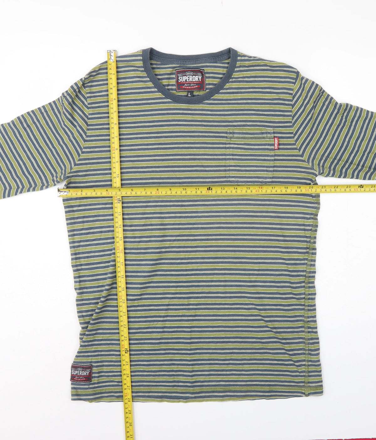 Superdry Men’s Green Striped Long Sleeve Crew Neck T-Shirt L