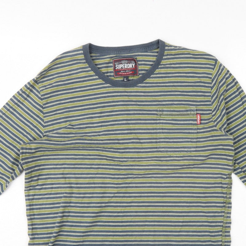 Superdry Men’s Green Striped Long Sleeve Crew Neck T-Shirt L