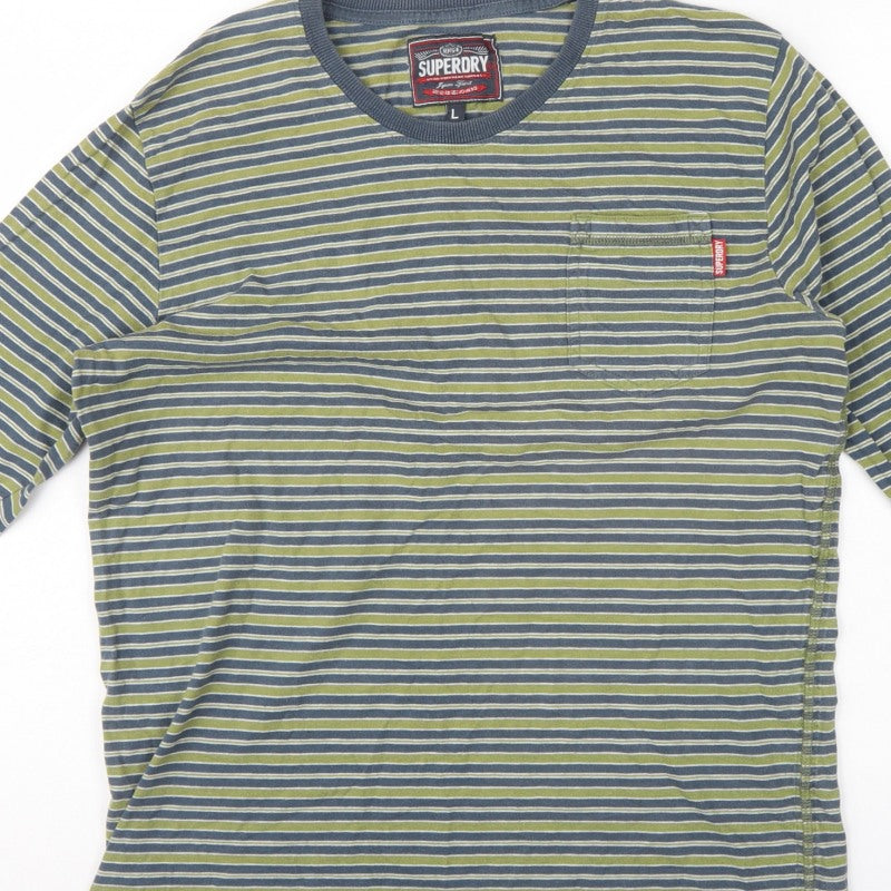Superdry Men’s Green Striped Long Sleeve Crew Neck T-Shirt L