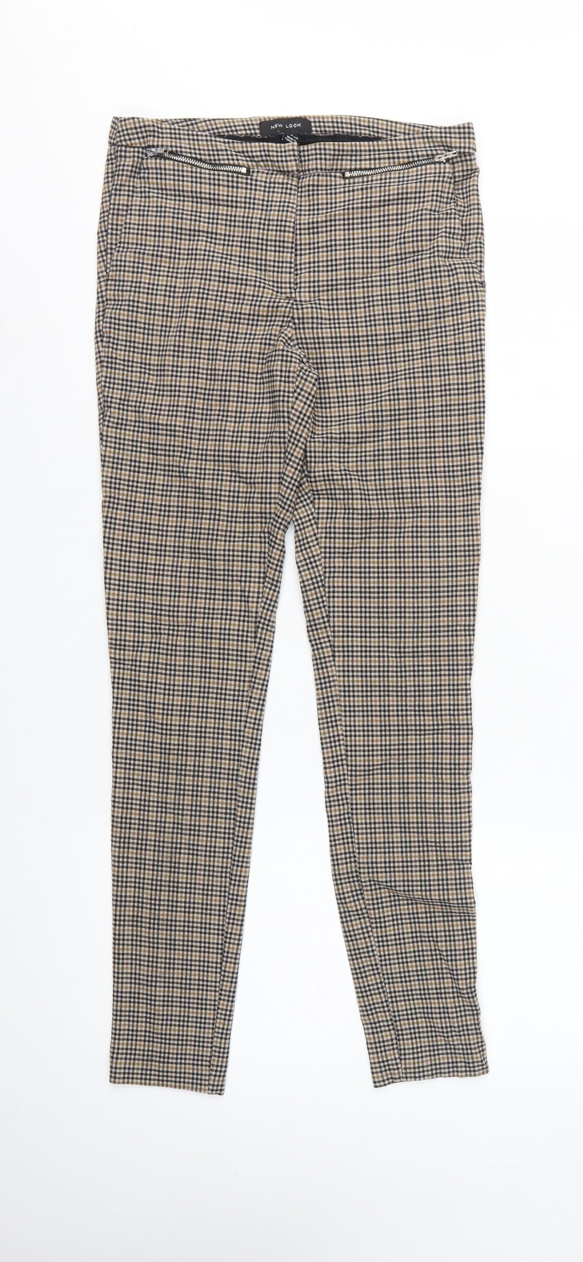 New Look Women’s Beige Check Skinny Trousers UK 10 Zip Pockets