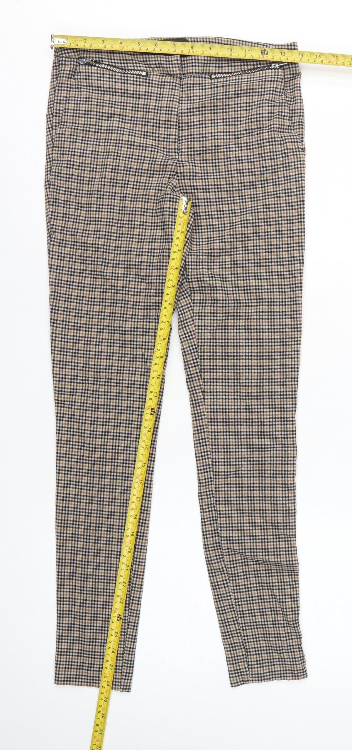 New Look Women’s Beige Check Skinny Trousers UK 10 Zip Pockets