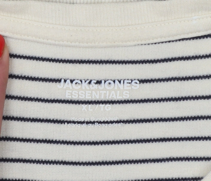 Jack & Jones Men’s White Navy Stripe XL Crew Neck Cotton T-Shirt