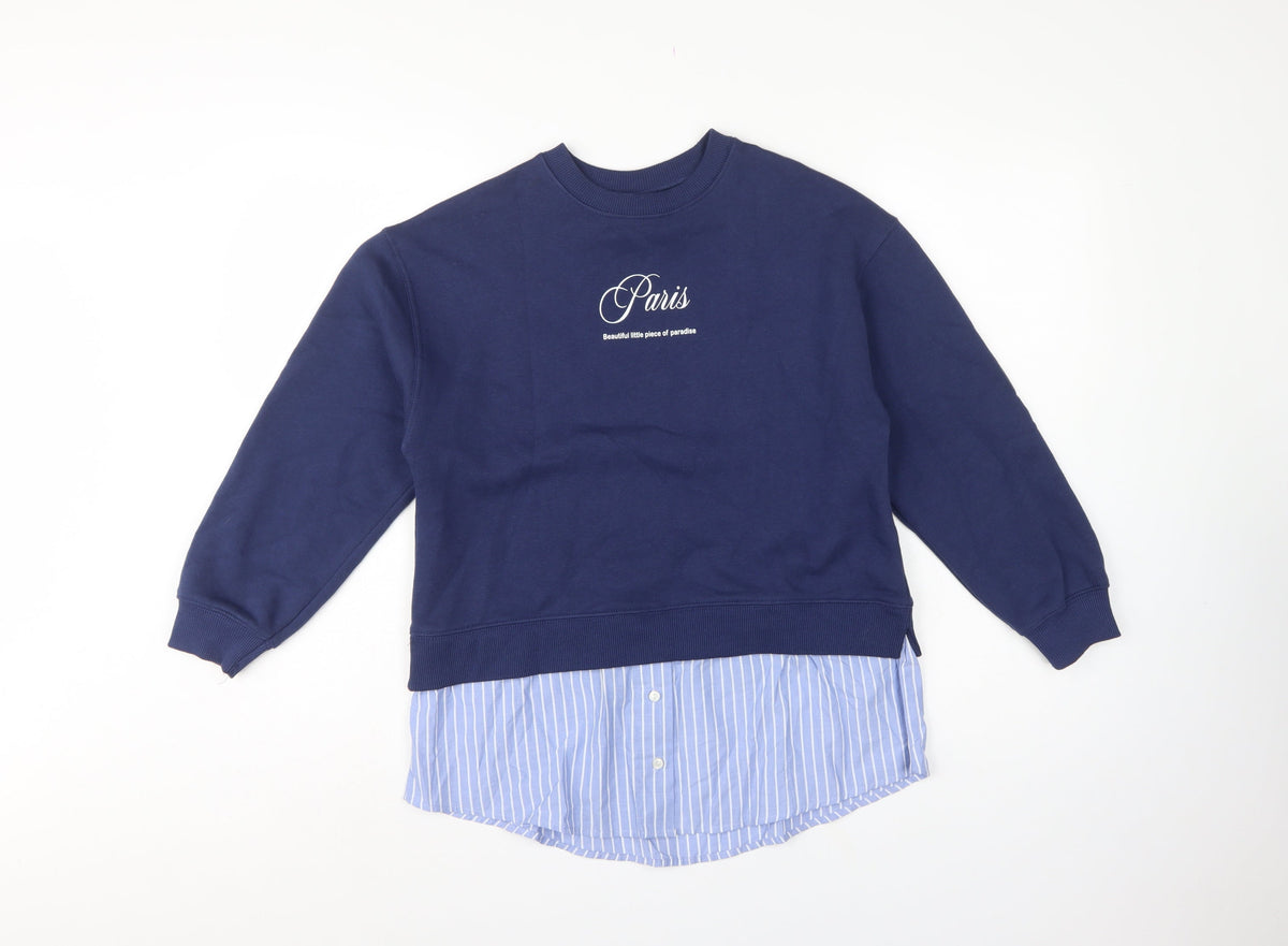 Zara Girls Blue 9-10 Years Paris Layered Shirt Hem Sweatshirt