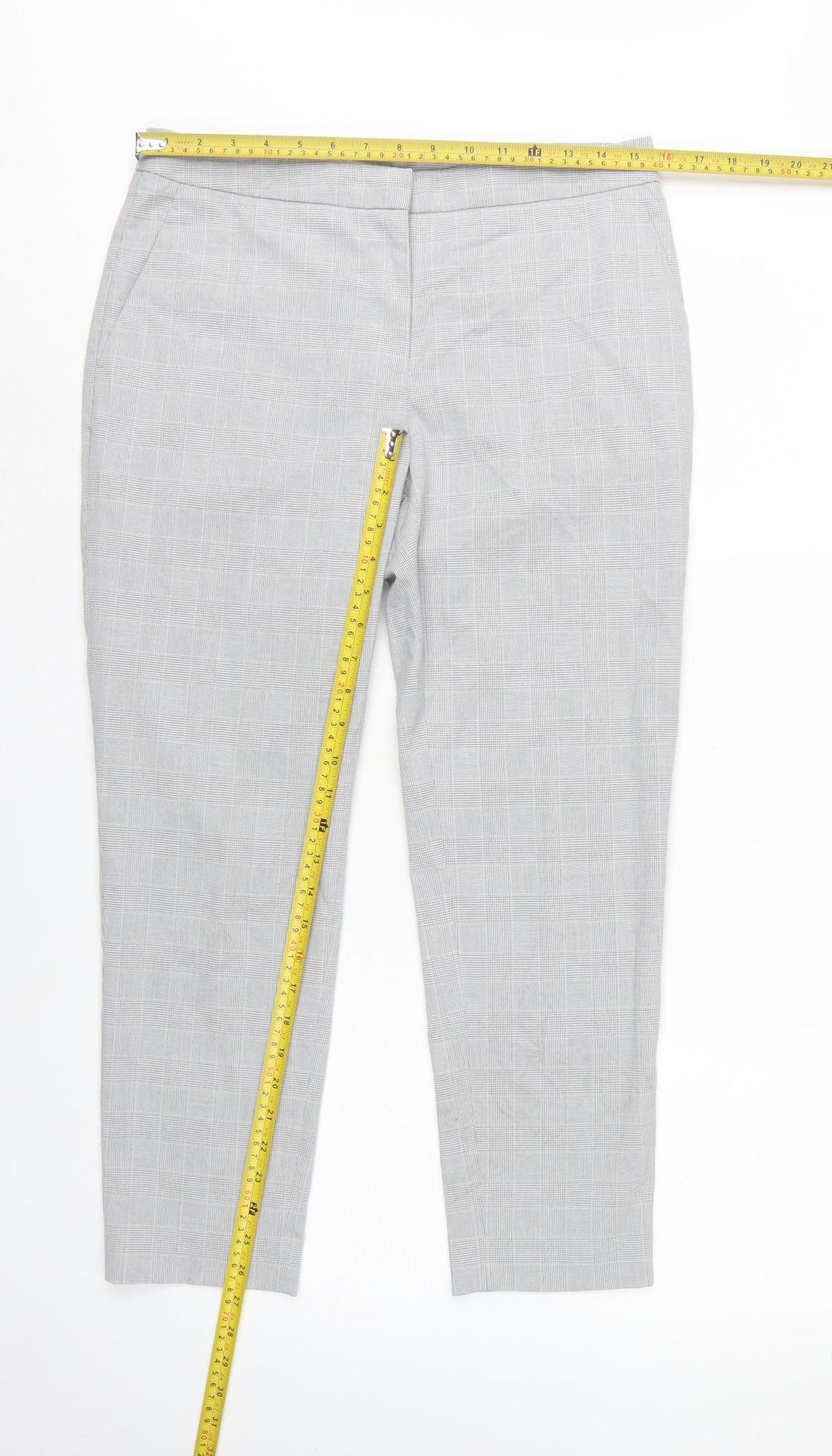 H&M Women Grey Check Tapered Dress Trousers UK 10 High Rise