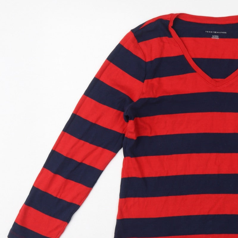 Tommy Hilfiger Women Red Navy Striped XL V-Neck Long Sleeve Jersey Top