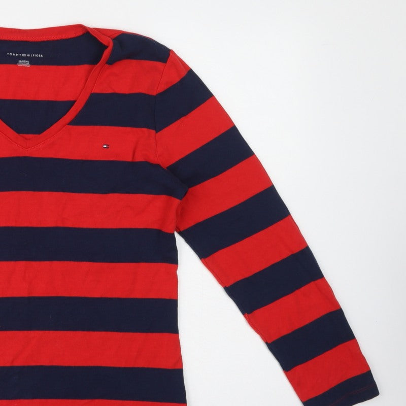 Tommy Hilfiger Women Red Navy Striped XL V-Neck Long Sleeve Jersey Top