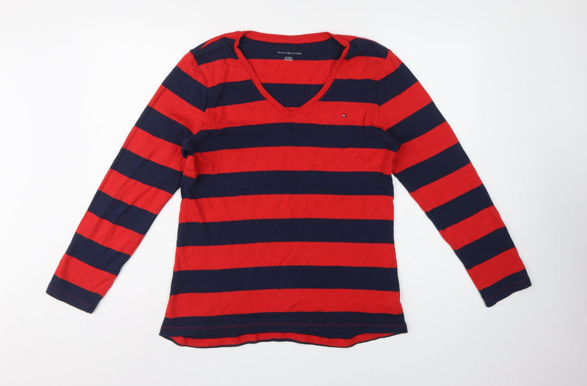 Tommy Hilfiger Women Red Navy Striped XL V-Neck Long Sleeve Jersey Top