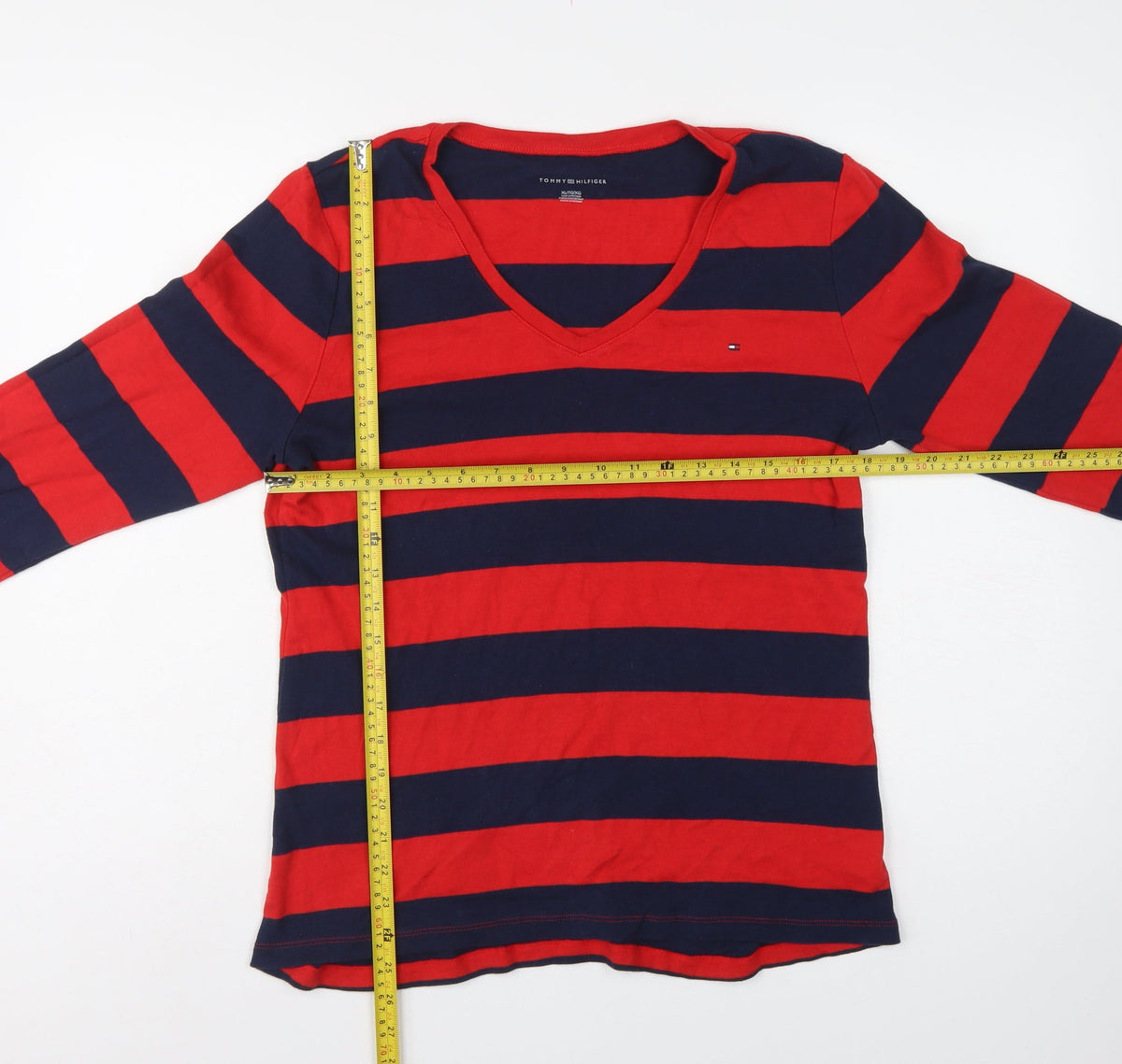 Tommy Hilfiger Women Red Navy Striped XL V-Neck Long Sleeve Jersey Top