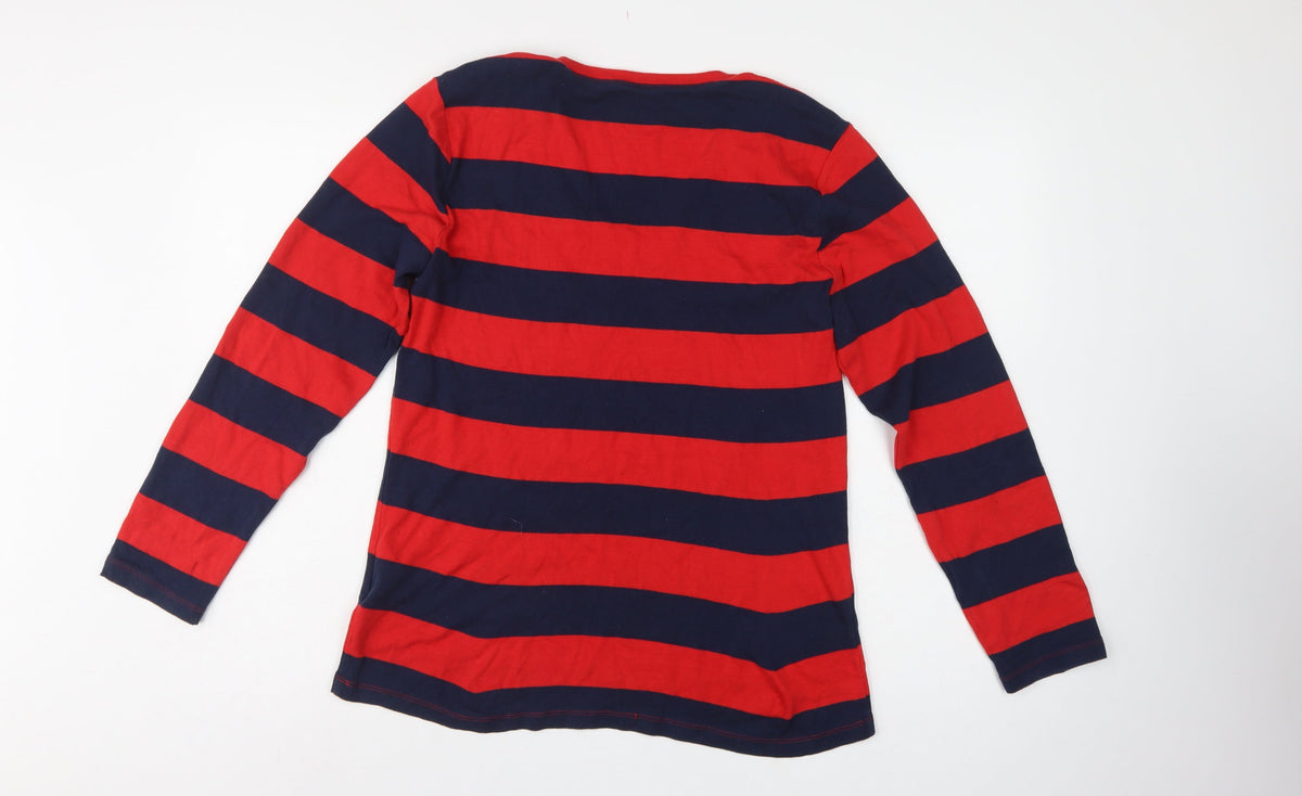 Tommy Hilfiger Women Red Navy Striped XL V-Neck Long Sleeve Jersey Top