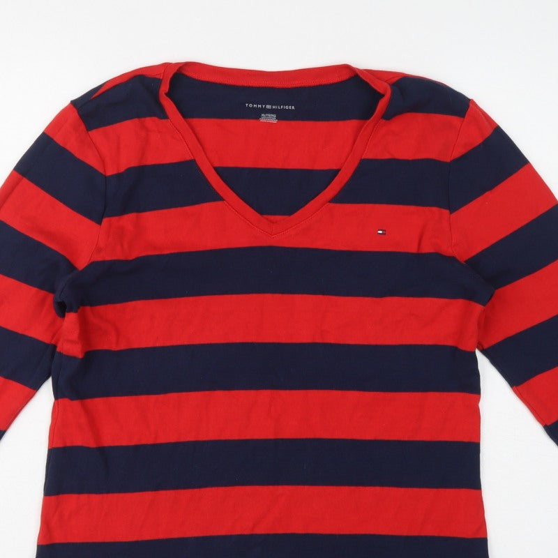 Tommy Hilfiger Women Red Navy Striped XL V-Neck Long Sleeve Jersey Top