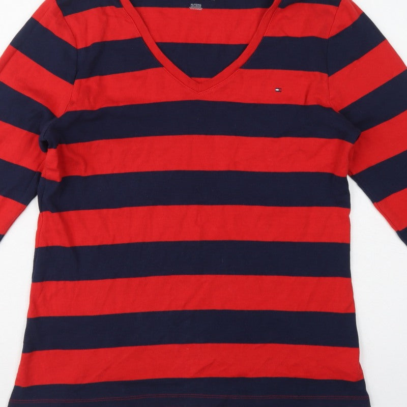 Tommy Hilfiger Women Red Navy Striped XL V-Neck Long Sleeve Jersey Top