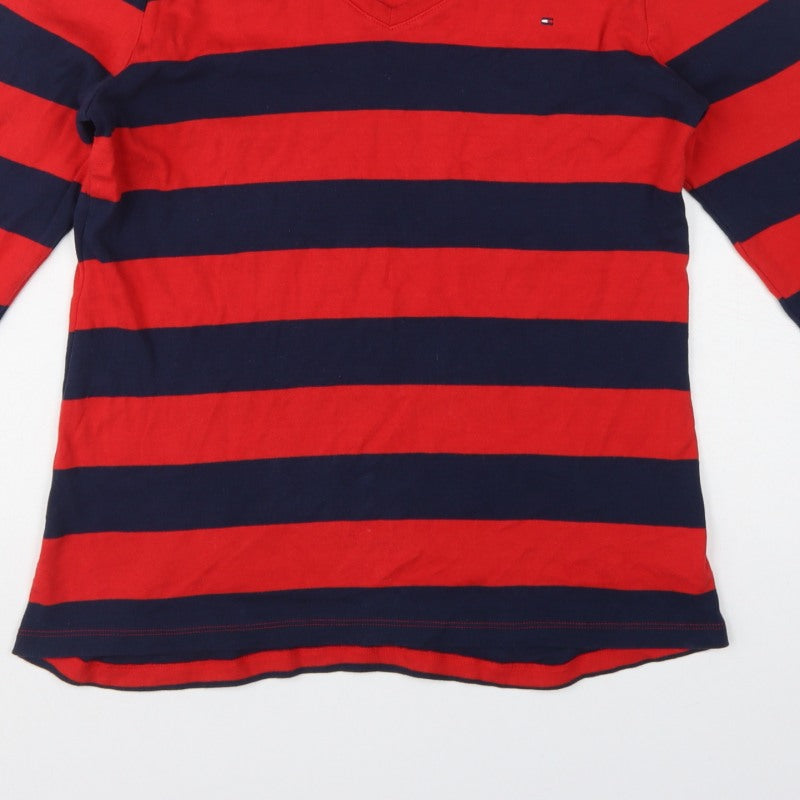 Tommy Hilfiger Women Red Navy Striped XL V-Neck Long Sleeve Jersey Top