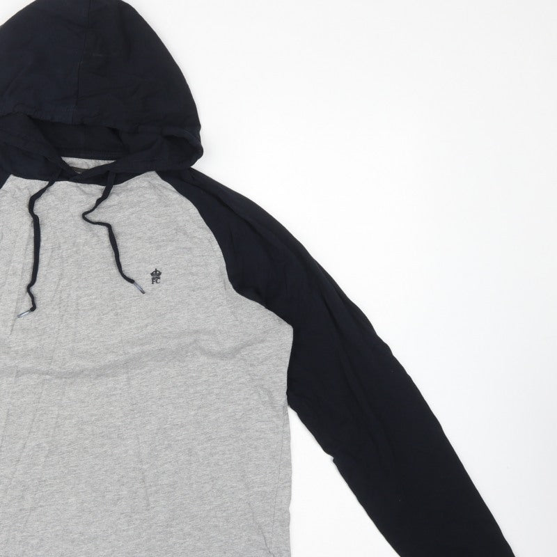 French Connection Men’s Grey Black Logo Hooded Pullover Hoodie L