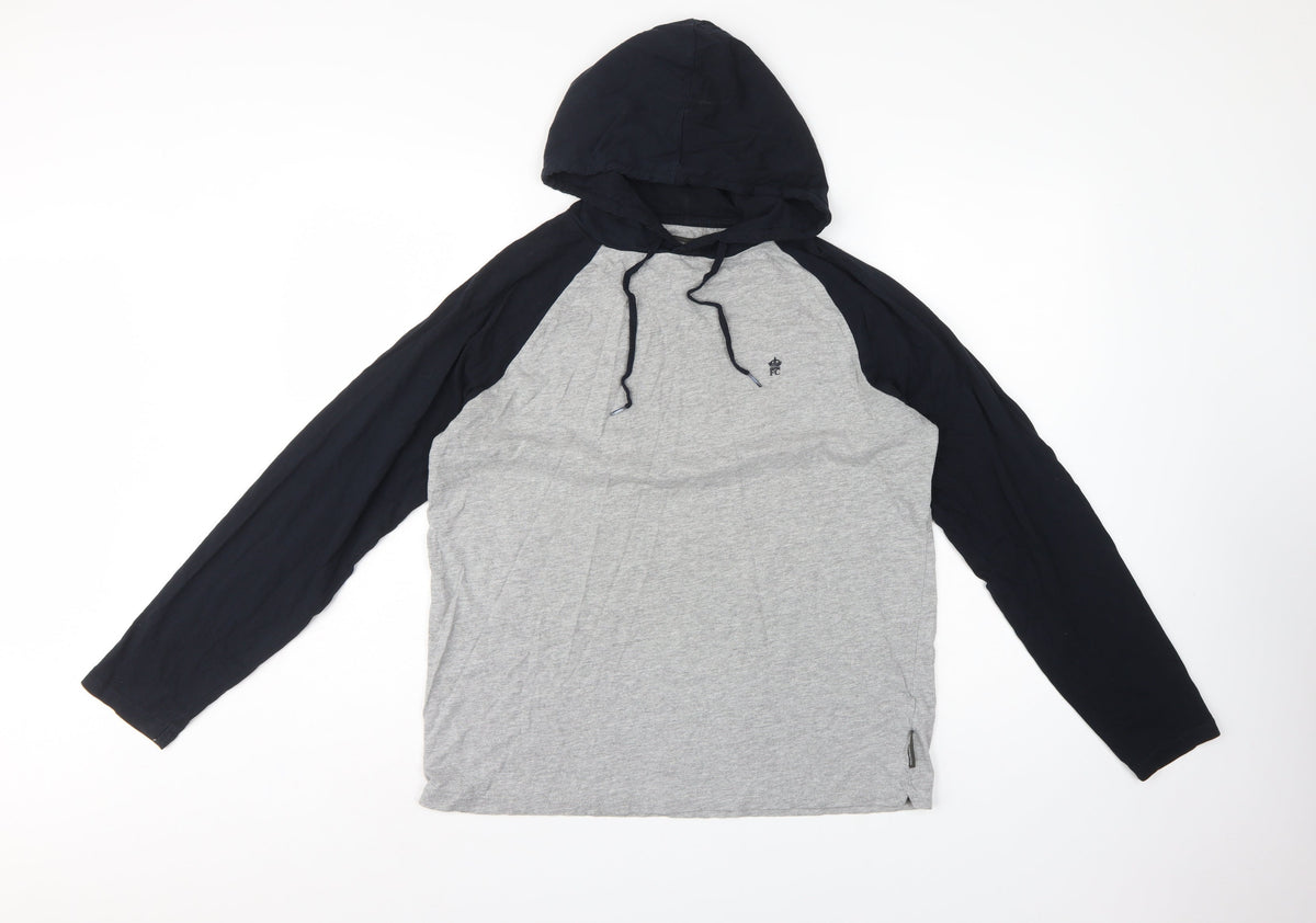 French Connection Men’s Grey Black Logo Hooded Pullover Hoodie L