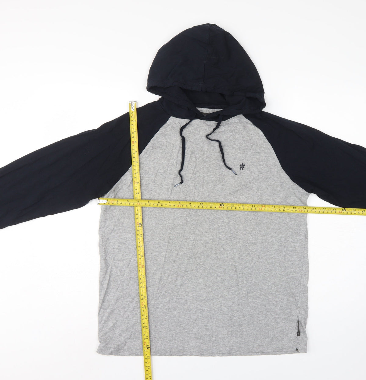 French Connection Men’s Grey Black Logo Hooded Pullover Hoodie L