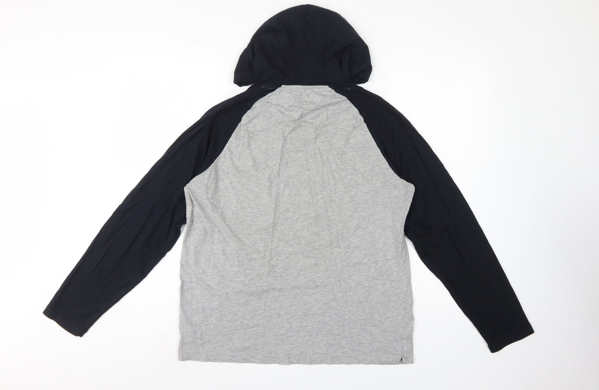 French Connection Men’s Grey Black Logo Hooded Pullover Hoodie L