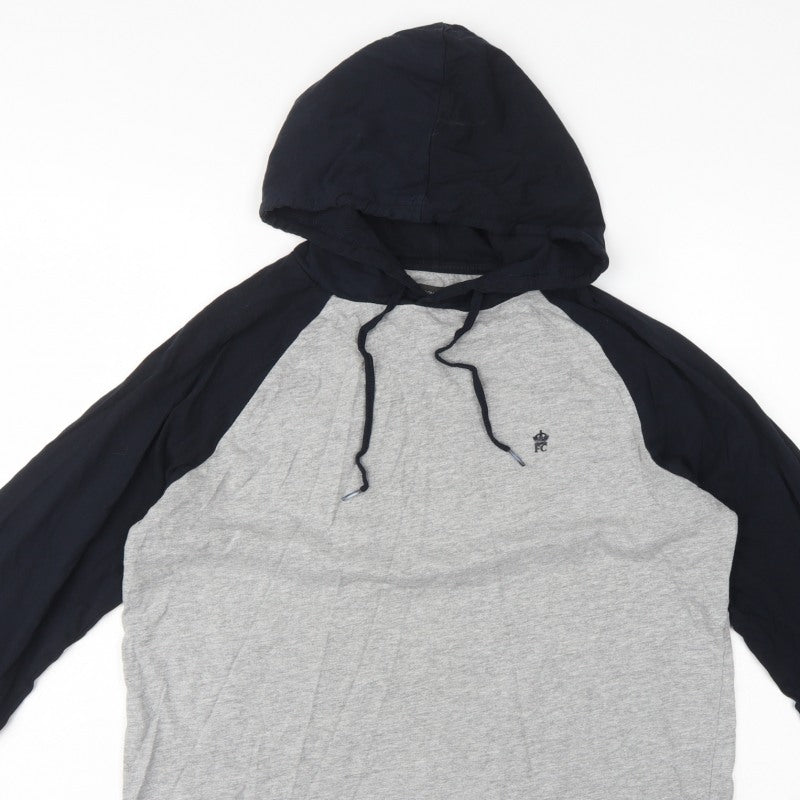 French Connection Men’s Grey Black Logo Hooded Pullover Hoodie L