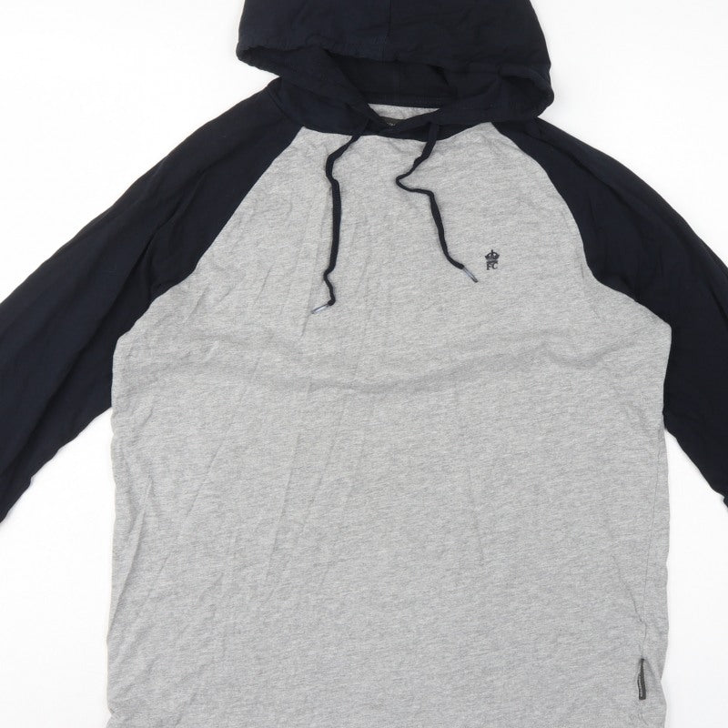 French Connection Men’s Grey Black Logo Hooded Pullover Hoodie L