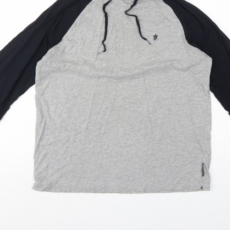 French Connection Men’s Grey Black Logo Hooded Pullover Hoodie L