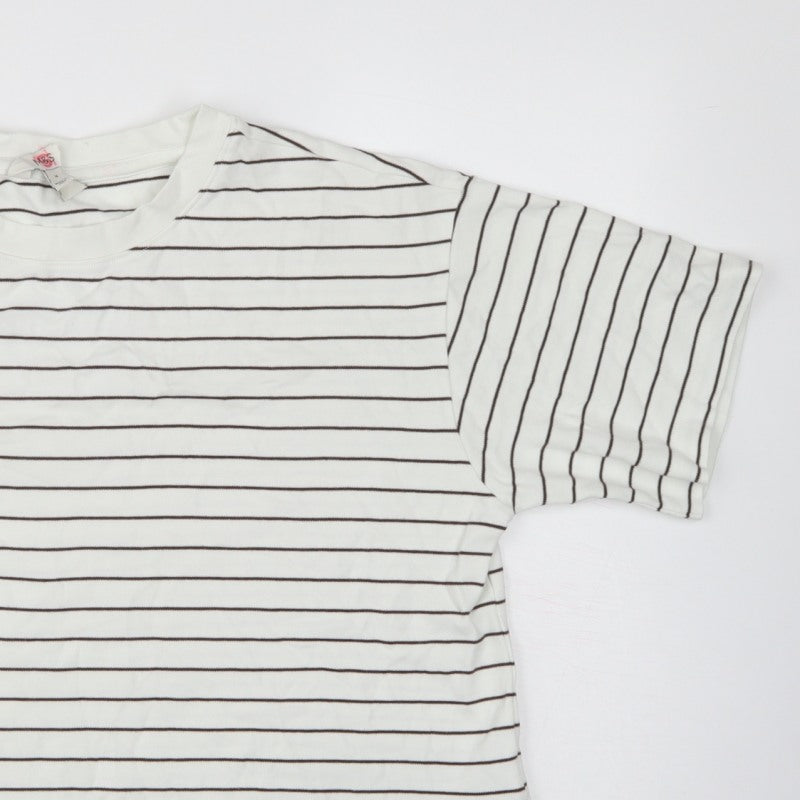 Marks & Spencer Women White Brown Stripe UK 14 Cropped Jersey T-Shirt