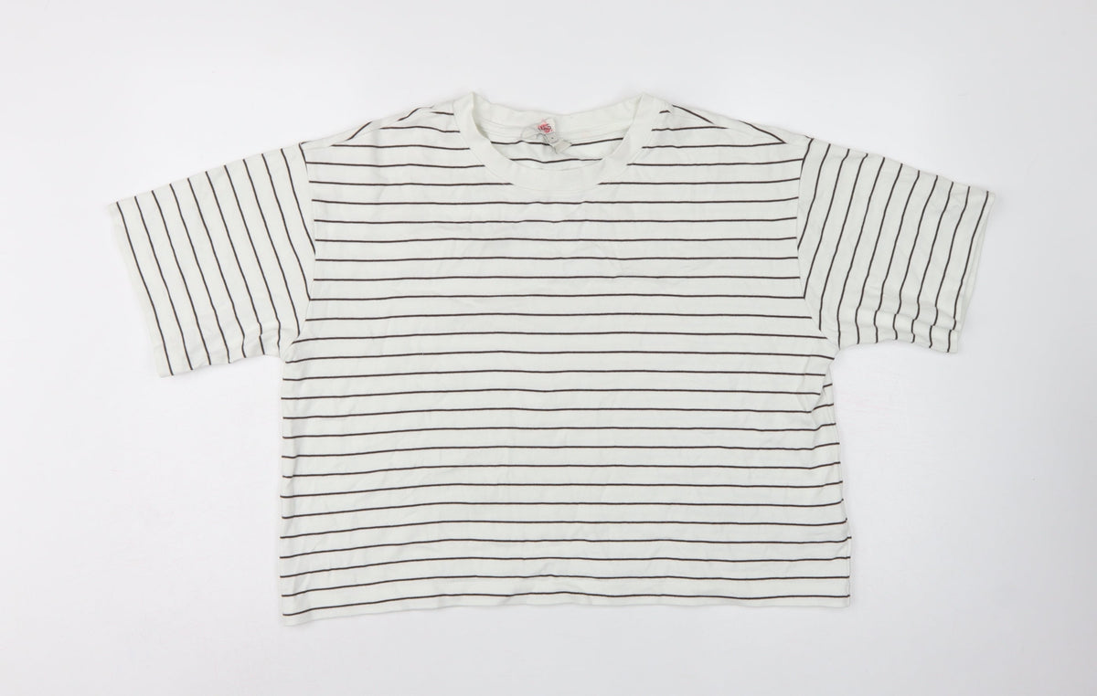Marks & Spencer Women White Brown Stripe UK 14 Cropped Jersey T-Shirt