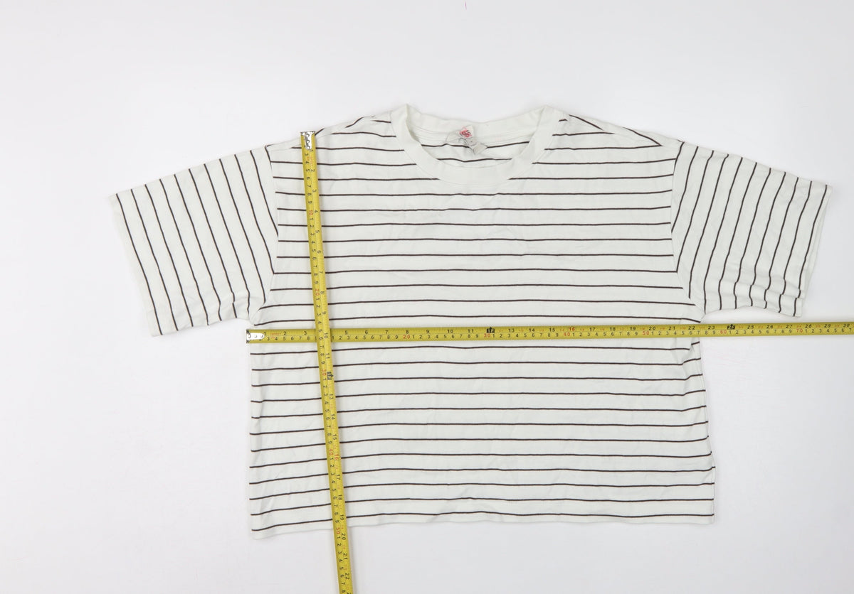 Marks & Spencer Women White Brown Stripe UK 14 Cropped Jersey T-Shirt
