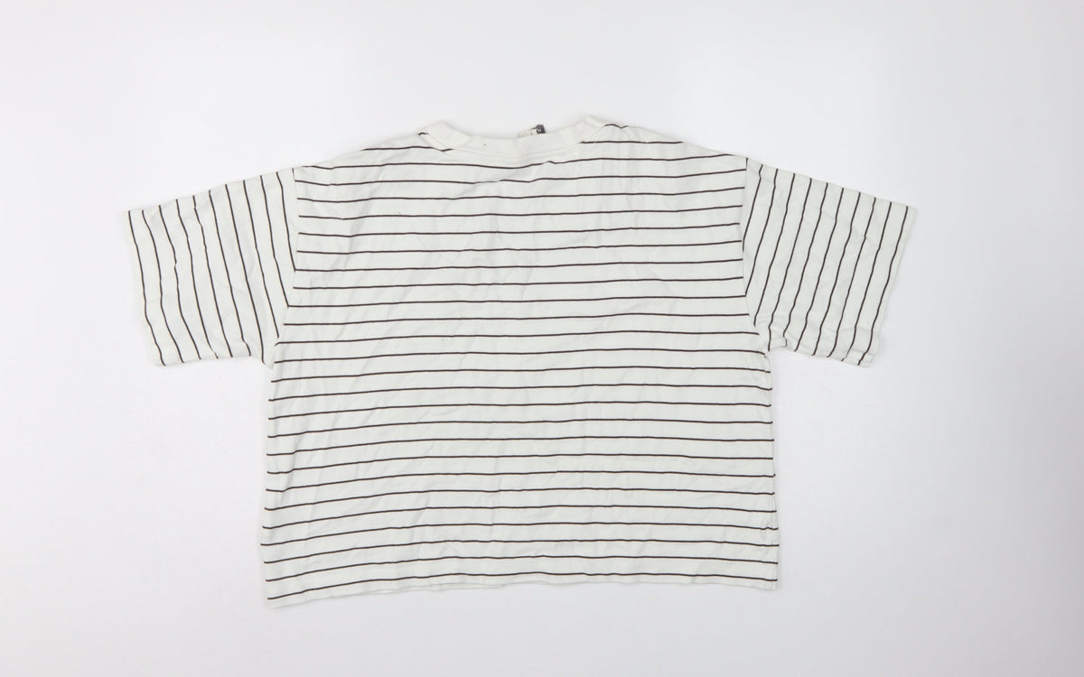 Marks & Spencer Women White Brown Stripe UK 14 Cropped Jersey T-Shirt