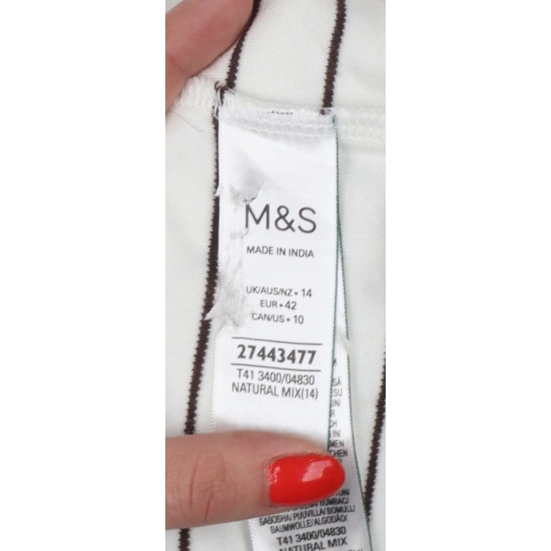 Marks & Spencer Women White Brown Stripe UK 14 Cropped Jersey T-Shirt