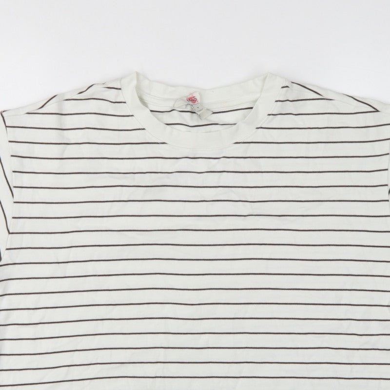 Marks & Spencer Women White Brown Stripe UK 14 Cropped Jersey T-Shirt