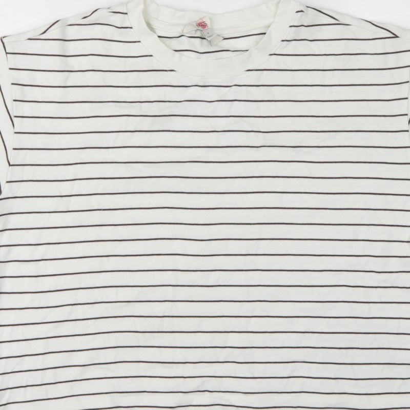 Marks & Spencer Women White Brown Stripe UK 14 Cropped Jersey T-Shirt