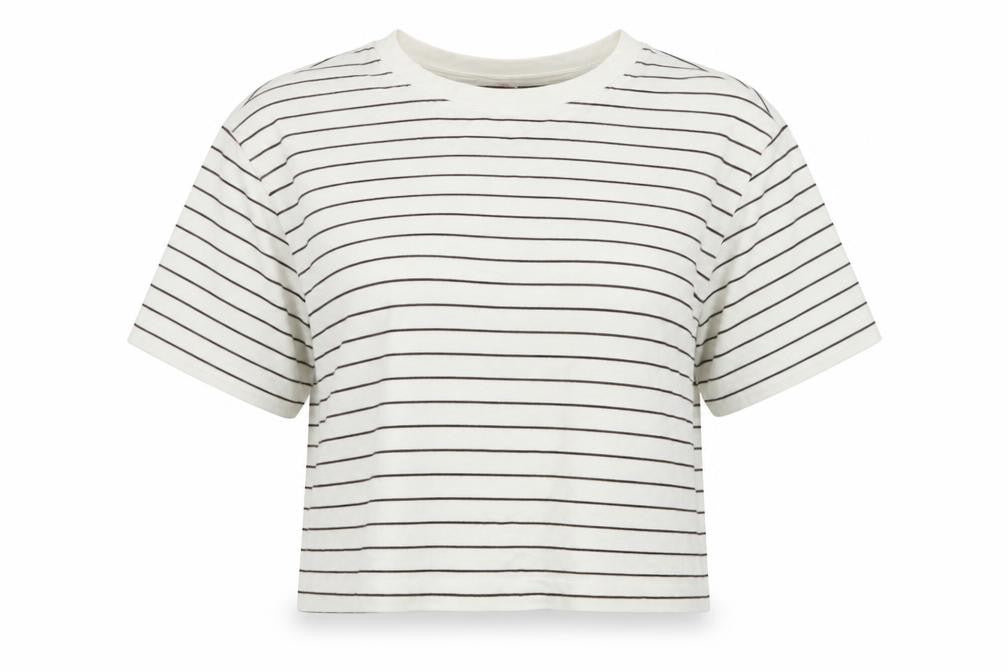 Marks & Spencer Women White Brown Stripe UK 14 Cropped Jersey T-Shirt