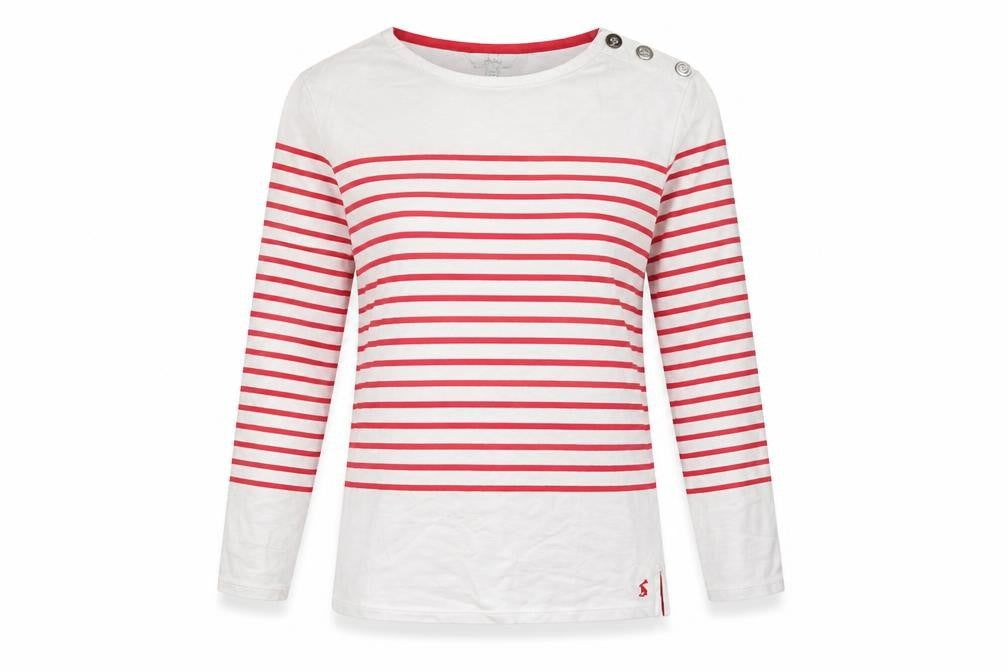 Joules Women White Red Stripe UK 12 Basic Jersey Breton Button Top