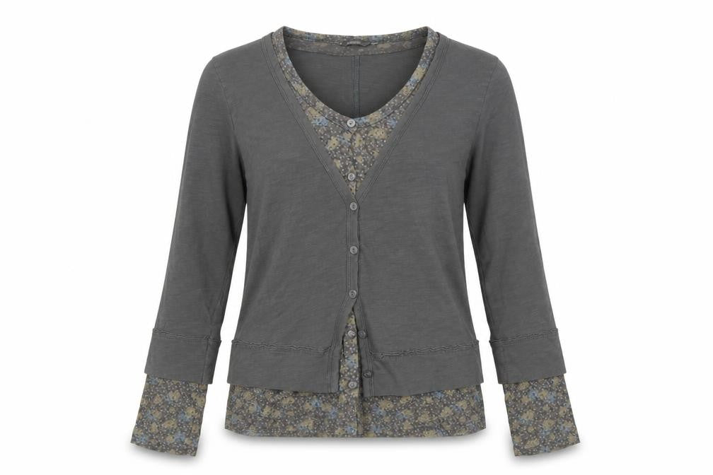 Sandwich Women Grey Floral Layered Button V-Neck Long Sleeve Blouse M