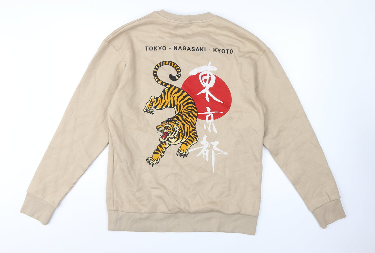 Jack & Jones Men’s Beige L Tiger Graphic Print Crew Neck Sweatshirt